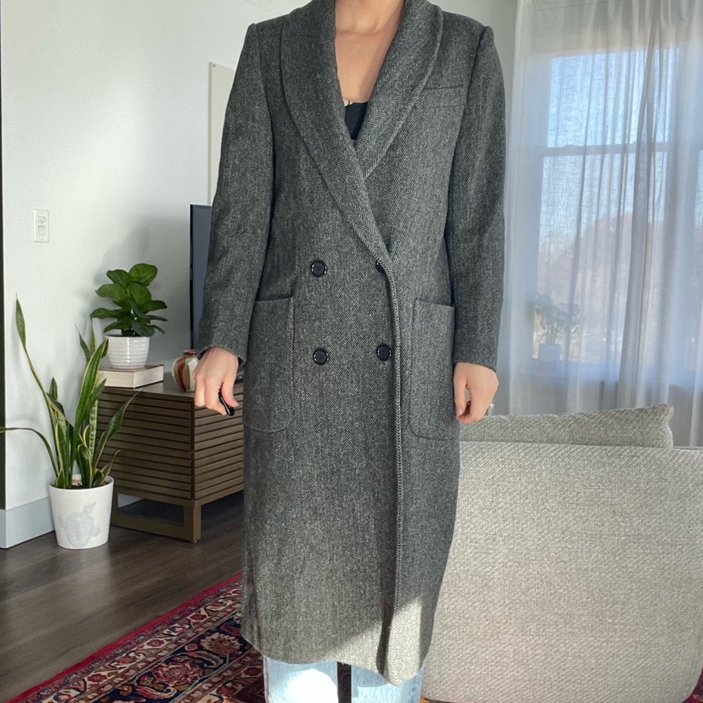 Grey Wool Coat Herringbone Vintage Charcoal Long Jacket Double Breasted Collared - Picture 5 of 8
